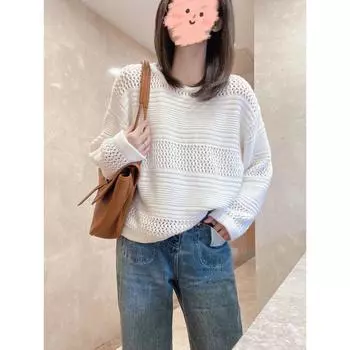 Early Autumn Idle Style White Knitted Fabric Fancy Blouse Beige White S