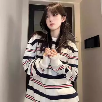 Свитшот с длинными рукавами для женщин начала осени, новая тонкая свободная внутренняя многослойная рубашка, полосатая футболка с круглым вырезом M