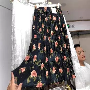 Early autumn new high waist and thin temperament versatile skirt retro printing pleated A word big swing skirt women One Size чёрный