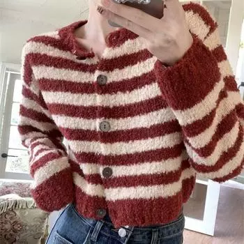 Early autumn new short striped knitted cardigan women s retro small circle sweater jacket women One size fits all [80-60kg]