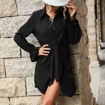 Платье-рубашка «Ранняя осень» с лацканами, черное, свободное, французское, платье-рубашка, шикарное, удобное и универсальное, темпераментное, элегантное, повседневное, женская одежда S чёрный