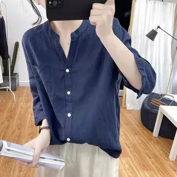 Ранняя осень V-образный вырез льняная свободная рубашка с короткими рукавами женская ретро однотонная рубашка больших размеров из хлопка и льна для похудения дышащая рубашка M темно-синий