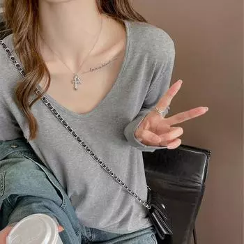 Early autumn V-neck loose long sleeved shoulder T-shirt for women with a base laye a high-end feel can be worn as an outerwear S (suitable for weight 70-47.5 kg) чёрный