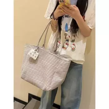 Early Eight Tong Qin Large Capacity Canvas Tote Bag 2025 New Korean Series Idle Style College Student Shoulder Underarm Bag Black and white Stripes