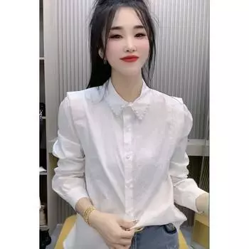 Early Spring 2025 New Design Sense White Pearl Collar Shirt for Women Fancy Fashionable Loose Slim Fit Versatile Top White 2XL(115-130) kg