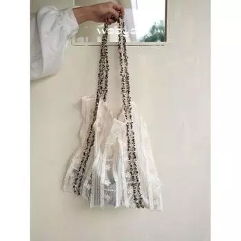 Early Spring 2025 Niche Design Flower Ribbon Texture Summer Canvas Large Capacity Shoulder Bag Portable Bag White silk cloth
