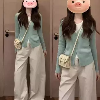 Early Spring Green Fake Two Pieces Knit Top Cardigan Women Spring and Autumn Casual Lazy High Sense V-neck Sweater Outerwear Green XL