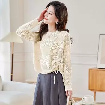 Early Spring Hollow Thin Knitted Shirt for Women Short Spring Women s Clothing Drawstring Long Sleeved Base Shirt and Top M фиолетовый