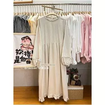 Early Spring Mori Girl Casual Cotton and Linen Long Sleeves Dress Artsy Hemp natural color All yards