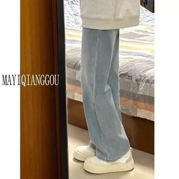 Early Spring New Arrival Retro Dark Blue Big Wide Leg Denim Female Loose Cover Slim Looking Drooping Straight Mop Pants Light Straight-leg 2XL 65.00 kg-72.50 kg