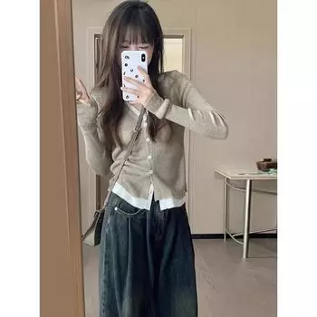 Early Spring Style Long Sleeves Tops Stylish Niche Style Fake Two-Piece Oatmeal M [Recommendation 90/52.50kg]]