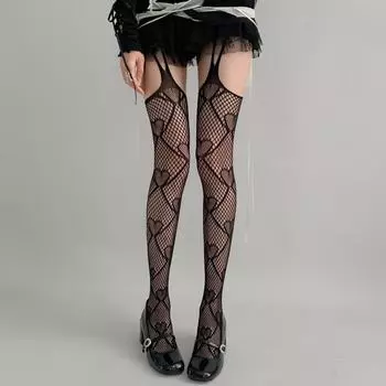 Early Spring Sweet & Chic Fake Thigh Fishnet Stockings - Red & Coffee Love Mesh Pantyhose One Size чёрный