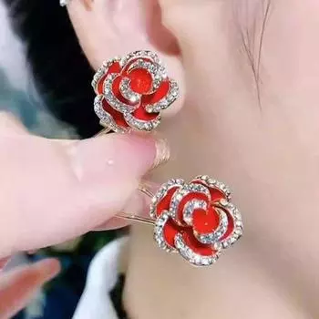Earrings Ethnic Style Red Camellia Stud Earrings Exquisite Rose Earrings 2025 New Arrival Fancy Sterling Silver Needle Accessible Luxury Red