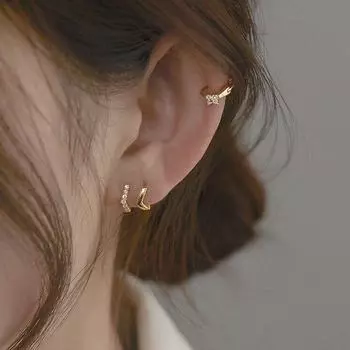 Earrings for Women Minimalist Temperamental Cold Style Metal Texture Ear Clip Earrings Anti-Allergy Tide Earrings Ear Bone Stud Earrings Four Drill Flowers + V-shaped with Drill + Dot [6