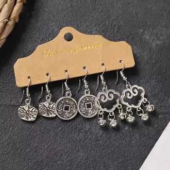 Earrings set, retro handmade Tibetan silver earrings, simple and versatile fringed women s ear jewelry.