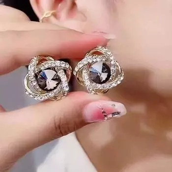 Earrings Winding Zircon Gray Crystal Earrings Niche New Style Fancy Ear Clip Accessible Luxury Full Diamond Sterling Silver Needle Earrings Grey Crystal