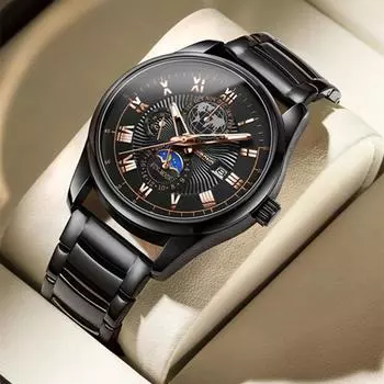 Earth Fashion Основной дизайн Спортивные часы Декоративный циферблат с фазой Луны Водонепроницаемый светящийся ремешок из нержавеющей стали Роскошные мужские часы