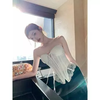 Earth Store Exquisite Lace Lace Embroidered Fishbone Tube Top Tops Underwear Padded Silm Vest Stylish Women White XS