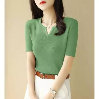 Easiest for Match Black, Short Sleeve Ice Silk Knitting Tops Female 2023 Summer New Arrival Open V-neck Silm Elegant Thin T-shirt Jungle Green [Fabric Upgrade]] L