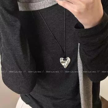 Easiest for Match Silver Heart Black Rope Necklace Female 2025 New Arrival Fancy Light Luxury Minority Long Sweater Chain Ornament Silver Asymmetrical Heart-Tether style