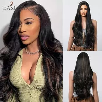 EASIHAIR Black with Highlight Lace Front Wigs Long Wavy Synthetic Lace Hair Wigs Side Part High Density Heat Resistant Daily Use Lace Wig