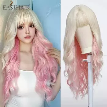 EASIHAIR Светло-розовые длинные вьющиеся синтетические парики для женщин, парик из натуральных волос с объемной волной для косплея, термостойкие волосы с челкой