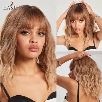 EASIHAIR Блондинка Ombre Синтетические парики с челкой Длинные волнистые парики из натуральных волос для женщин Ежедневный парик для косплея Термостойкое волокно