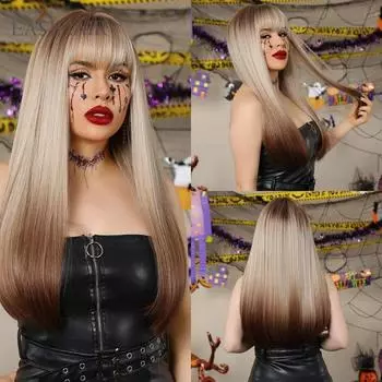 EASIHAIR блондинка с коричневым омбре синтетические парики для женщин прямые с челкой натуральные парики волосы для косплея термостойкое волокно