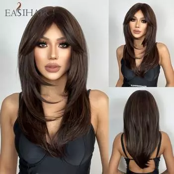 EASIHAIR Длинные прямые парики с челкой Темно-коричневые с светлыми бликами Синтетические парики для женщин Ежедневные парики из термостойких волос