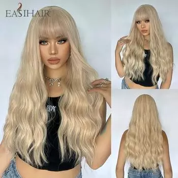 EASIHAIR Длинные волнистые синтетические парики Светлые парики из натуральных волос для женщин с челкой Косплей Ежедневные парики Термостойкое волокно