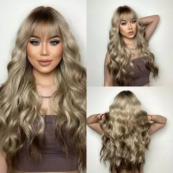EASIHAIR Длинные волнистые синтетические парики Светлый парик из волос омбре с челкой для женщин с челкой Косплей Ежедневный парик Термостойкий