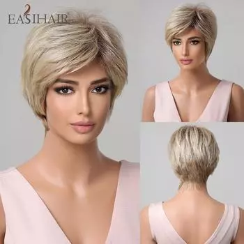 EASIHAIR Короткие прямые парики Платиновая блондинка Ombre Парики из синтетических волос для женщин Натуральные волосы Futura Ежедневные парики Термостойкие