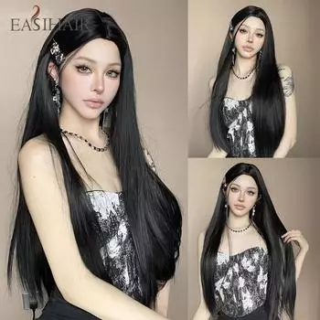 EASIHAIR Middle Part Straight Synthetic Wigs Long Black Hair Wigs for White Women Heat Resistant Cosplay Hair Natural Fake Hair