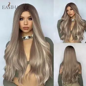 EASIHAIR платиновый блондин Ombre синтетические парики длинные волны воды средняя часть парик из натуральных волос для женщин косплей термостойкие парики