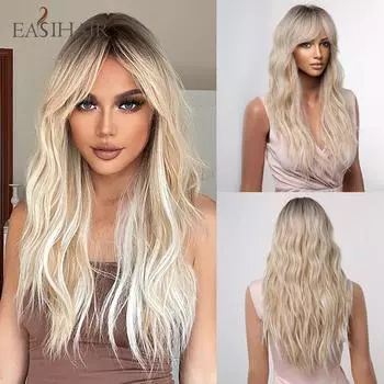 EASIHAIR платиновый блондин синтетические парики длинные волны воды парик из натуральных волос с челкой для женщин косплей термостойкие парики