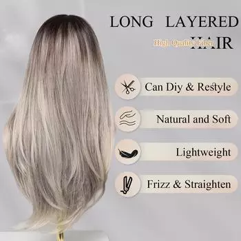 EASIHAIR серый платиновый омбре синтетический парик длинный прямой натуральный многослойный парик для женщин термостойкие ежедневные волосы с челкой