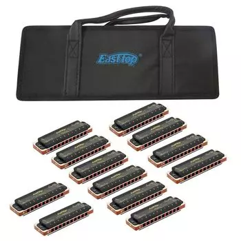 East Top Harmonica 12 Set Blues Harp 10 отверстий 20 тонов латунный чехол холщовый чехол чистая ткань для начинающих и экспертов изучение и практика диатонический