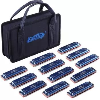 East Top Harmonica 12 Set Blues Harp 10 отверстий 20 тонов латунный чехол холщовый чехол чистая ткань для начинающих и экспертов изучение и практика диатонический