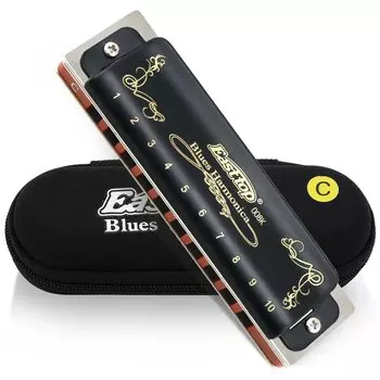 East Top Harmonica Blues Harmonica 10 Hole Harmonica C Tone 10 Holes 20 Tone Brass Cover Canvas Case Clean Cloth Professional Diatonic Harmonica