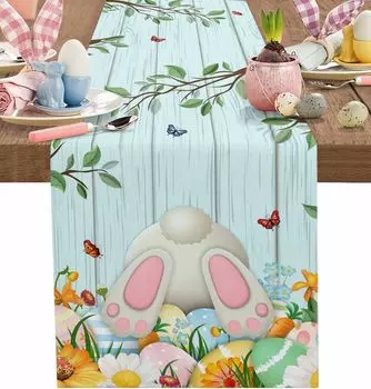 Easter Bunny Butt Flowers Wood Grain Linen Table Runner Easter Party Decor Spring Tulip Floral Table Runners Dining Table Decor 150x33cm 59x13inch