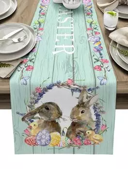 Easter Bunny Egg Teal Wood Grain Linen Table Runner Dining Table Decor Spring Flowers Garland Table Runners Easters Decorations 150x33cm 59x13inch