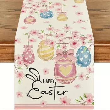 Easter Bunny Egg Tulip Linen Table Runner Holiday Party Decor Spring Cherry Blossoms Table Runnes for Kitchen Dining Table Decor 150x33cm 59x13inch