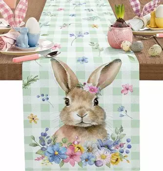Easter Bunny Rabbit Flowers Linen Table Runner Holiday Party Decor Spring Leaves Green Plaid Table Runners Dining Table Decor 150x33cm 59x13inch