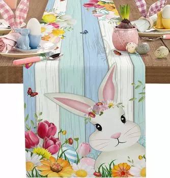 Easter Bunny Tulip Egg Linen Table Runner Dresser Scarf Spring Butterfly Wood Grain Table Runners for Kitchen Dining Table Decor 150x33cm 59x13inch
