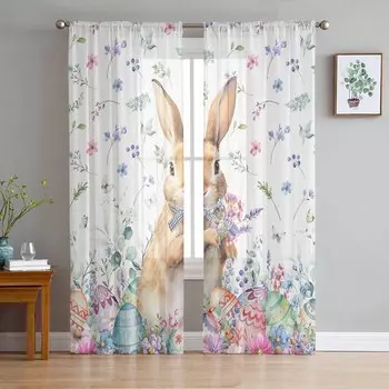Easter Eggs Bunny Rabbit Flowers Sheer Curtains for Living Room Decoration Window Curtains Kitchen Tulle Voile Organza Curtains W135 x H115cm x1