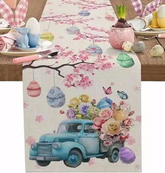 Easter Eggs Truck Linen Table Runner Holiday Party Decor Spring Butterfly Flowers Pink Cherry Blossom Table Runners Table Decor 150x33cm 59x13inch