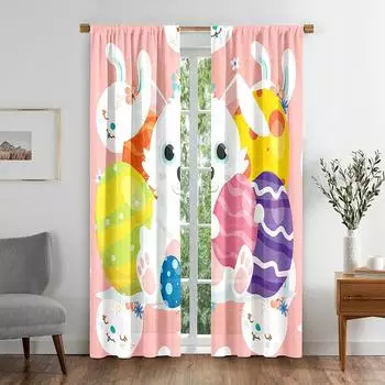 Easter Rabbit Eggs Window Curtain, Living Room, Bedroom, Festival, Home, Kitchen Decor 50W160H(CM)x2Panel&Hook