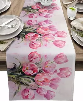 Easter Watercolor Tulip Florals Linen Table Runner Wedding Party Decorations Spring Plants Pink Floral Table Runners Table Decor 150x33cm 59x13inch