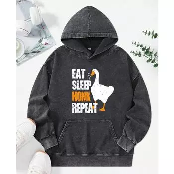 Eat Sleep Honk Repeat Duck Cartoon Print Women Washed Hoodie All-Match Cotton Clothes Trendy Autumn Hoody M