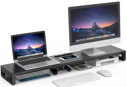 EAYHM Подставка для двух мониторов с USB-портом, настольная, 2-экранный дисплей, 3 уровня ширины, регулируемый монитор, подходящий для компьютеров с портом/2 розетками, подставка, подставка,